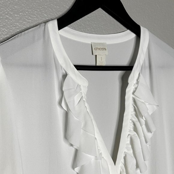 Chico's White Sheer Tunic Ruffles Around Neck Size 1 Or US M/8 - Picture 4 of 10
